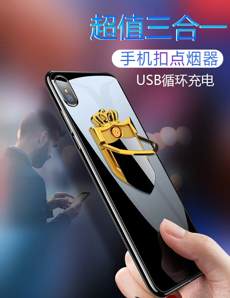 Multi functional phone ring buckle lighter charging USB car holder creative electronic cigarette lighter windproof personality