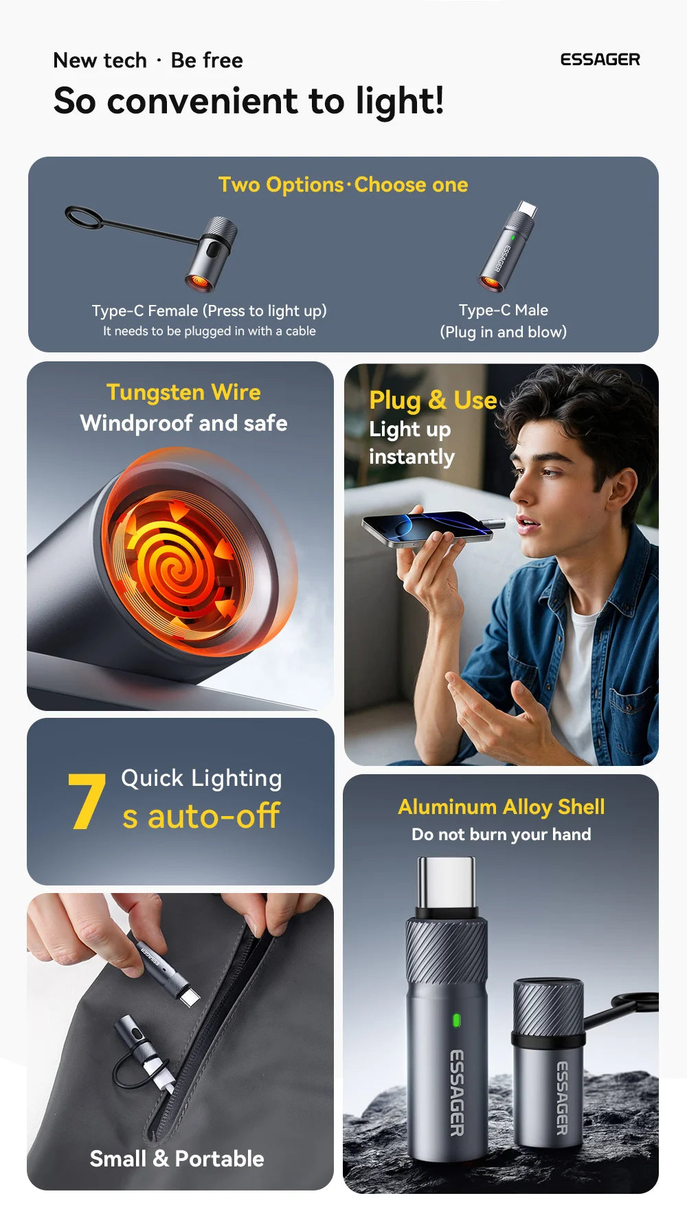 Essager Type-C Mini Cigarette Lighter Tungsten Wire Blowing Safety Energy Saving No Flame Auto Shut-Off for Air Travel Outdoor