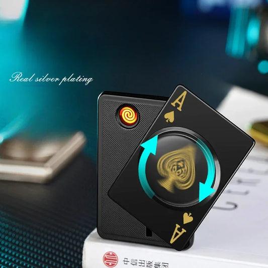Metal Poker Card USB Charging Lighter Windproof Tungsten Wire Rotating Decompression Lighter Smoking Accessories Men's Gift