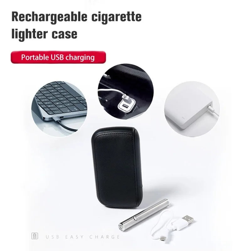 New Imitation Leather Cigarette Case with USB Tungsten Electronic Lighter Cigarette Case Men's Exquisite Gift Cigarette Tool